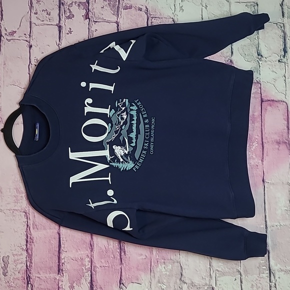 CONEY ISLAND PICNIC ST. MORITZ PREMIER SKI CLUB & RESORT GRAPHIC SWEATSHIRT NAVY - Picture 1 of 12